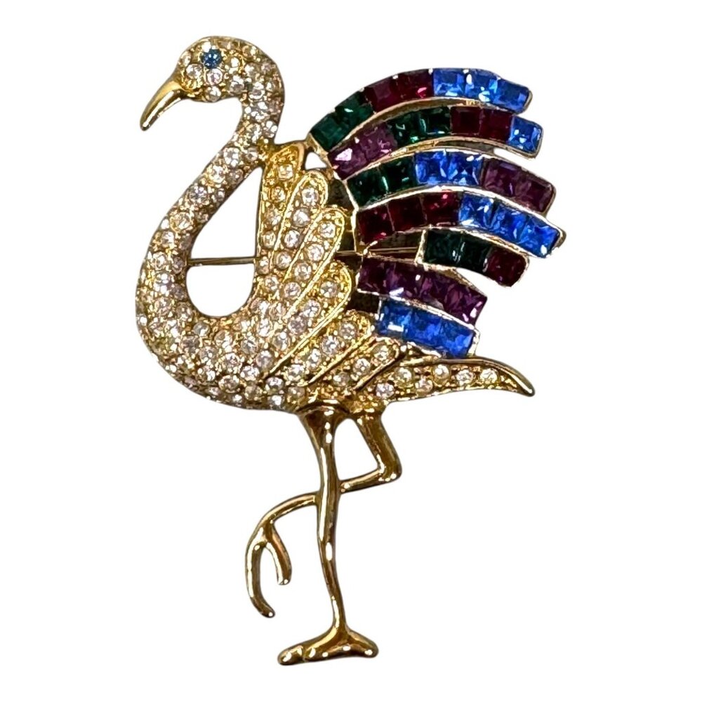 Vintage Swarovski Crystals Giorgio Gold Tone Rhinestone Peacock Brooch Flamingo